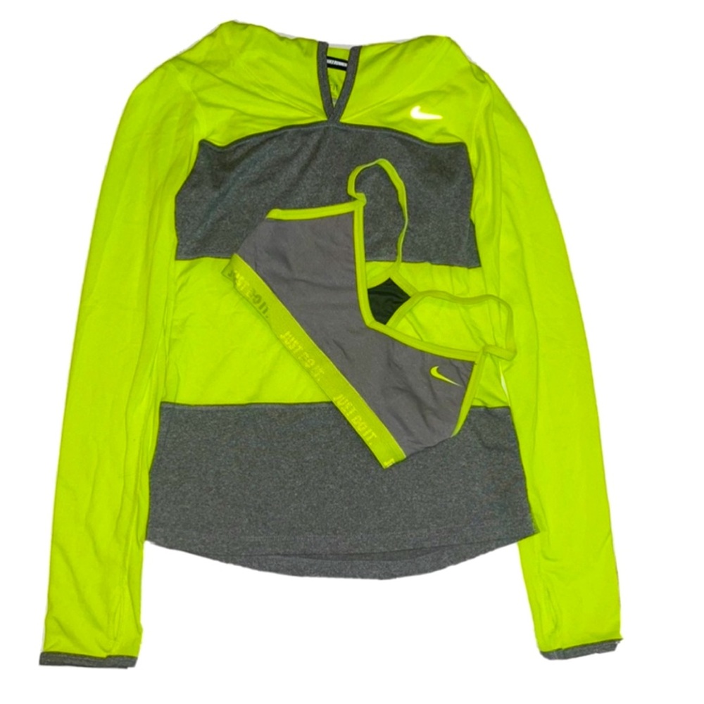 Nike Running Dri fit Womens Athletic Top and Bra Set Long Sleeve Neon 2 piece